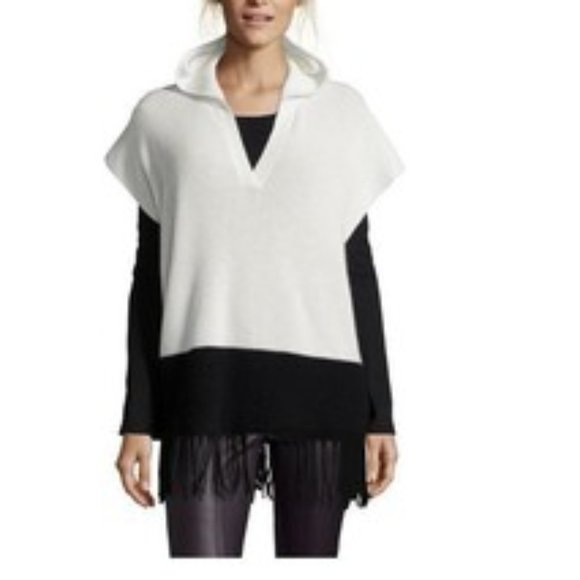 White & Black Cashmere Fringe Hooded Poncho XS/S - Picture 1 of 6